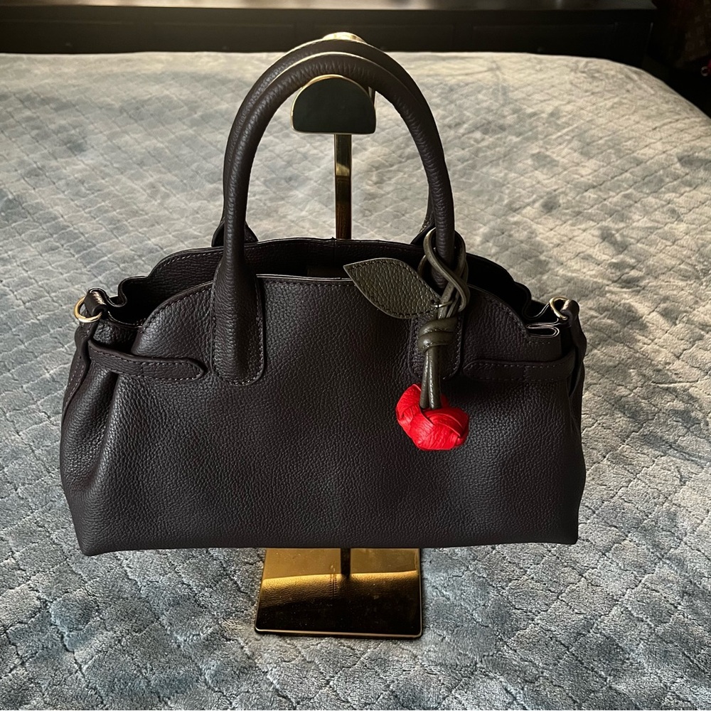 Dark Brown Pebbled Leather Satchel Handbag with Cherry Charm and Crossbody Strap